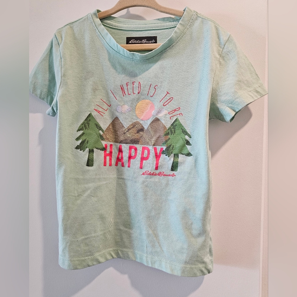 xs 5/6 Eddie Bauer blue ALL‎ I NEED IS TO BE HAPPY mountains tshirt Easter Camp